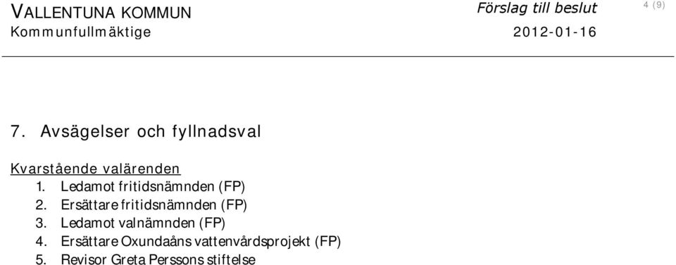 Ledamot fritidsnämnden (FP) 2. Ersättare fritidsnämnden (FP) 3.