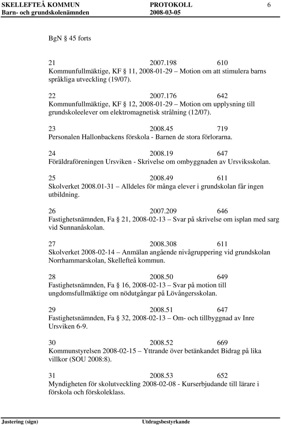 45 719 Personalen Hallonbackens förskola - Barnen de stora förlorarna. 24 2008.19 647 Föräldraföreningen Ursviken - Skrivelse om ombyggnaden av Ursviksskolan. 25 2008.49 611 Skolverket 2008.