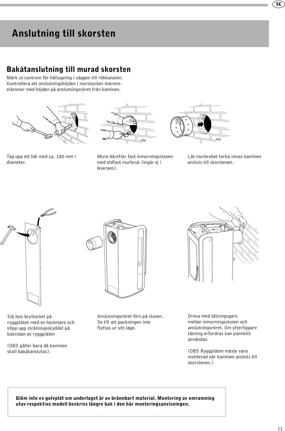 Mura därefter fast inmurningsstosen med eldfast murbruk (ingår ej i leverans). Låt murbruket torka innan kaminen ansluts till skorstenen.