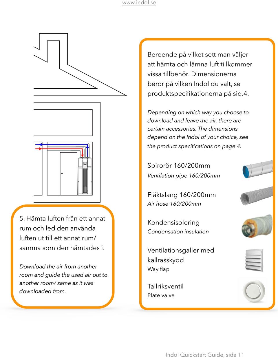 Dimensionerna beror på vilken Indol du valt, se produktspecifikationerna på sid.4. Depending on which way you choose to download and leave the air, there are certain accessories.