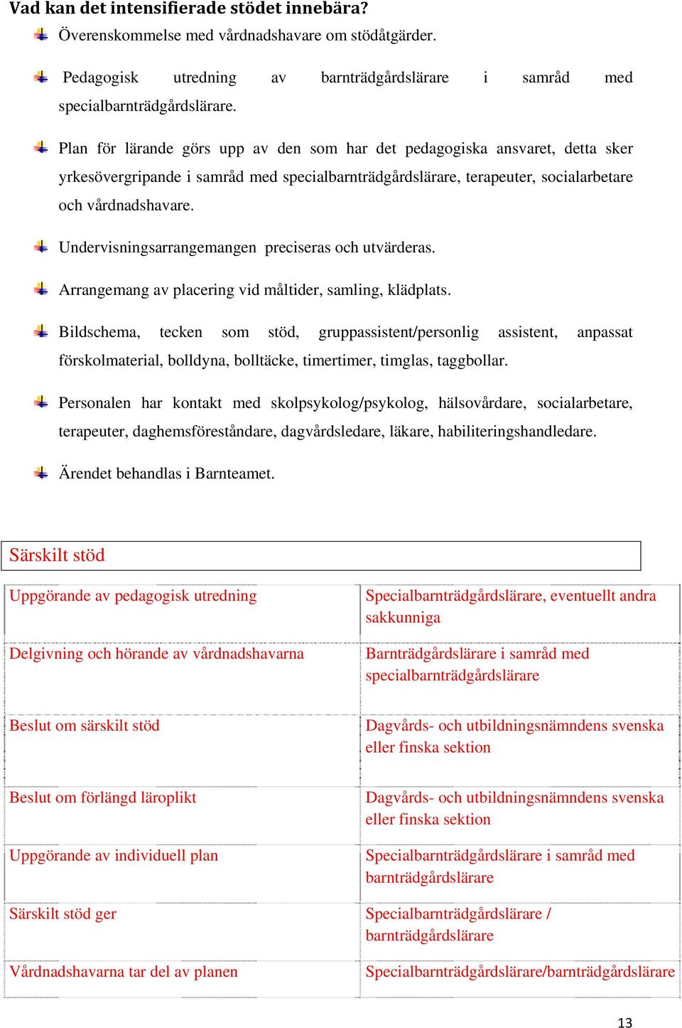 Undervisningsarrangemangen preciseras och utvärderas. Arrangemang av placering vid måltider, samling, klädplats.