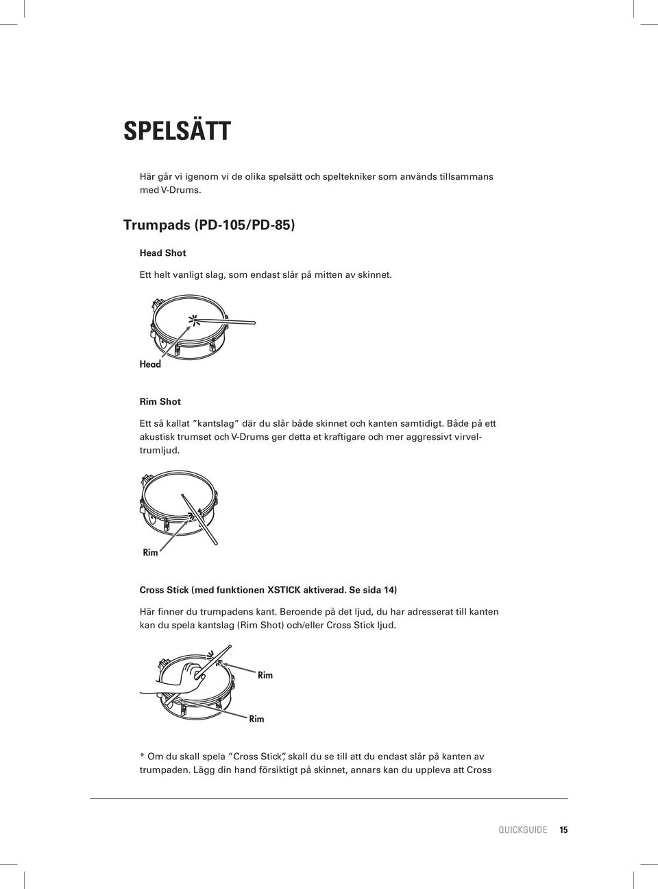 Både på ett akustisk trumset och V-Drums ger detta et kraftigare och mer aggressivt virveltrumljud. Rim Cross Stick (med funktionen XSTICK aktiverad. Se sida 14) Här finner du trumpadens kant.