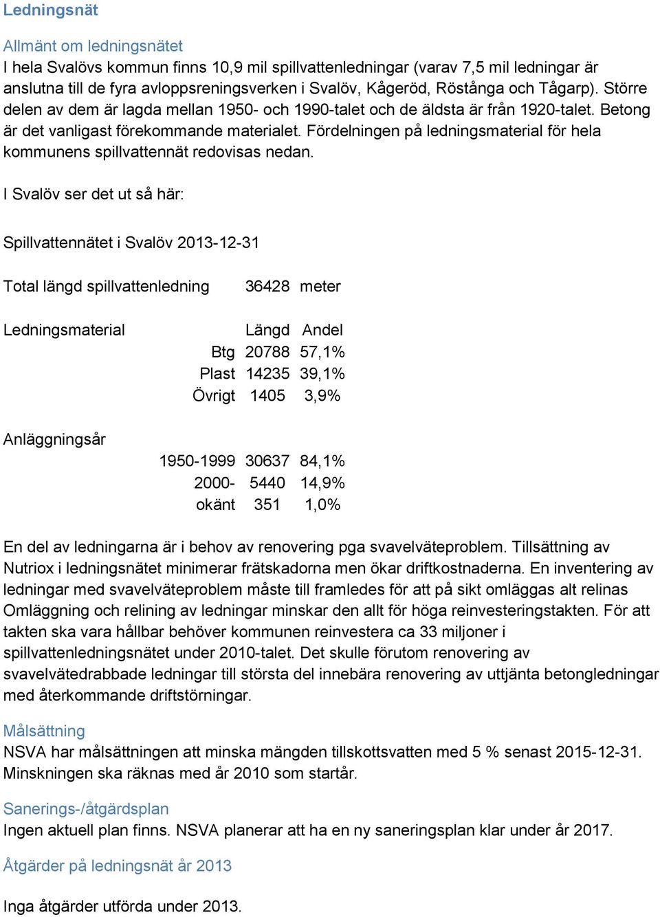 Fördelningen på ledningsmaterial för hela kommunens spillvattennät redovisas nedan.