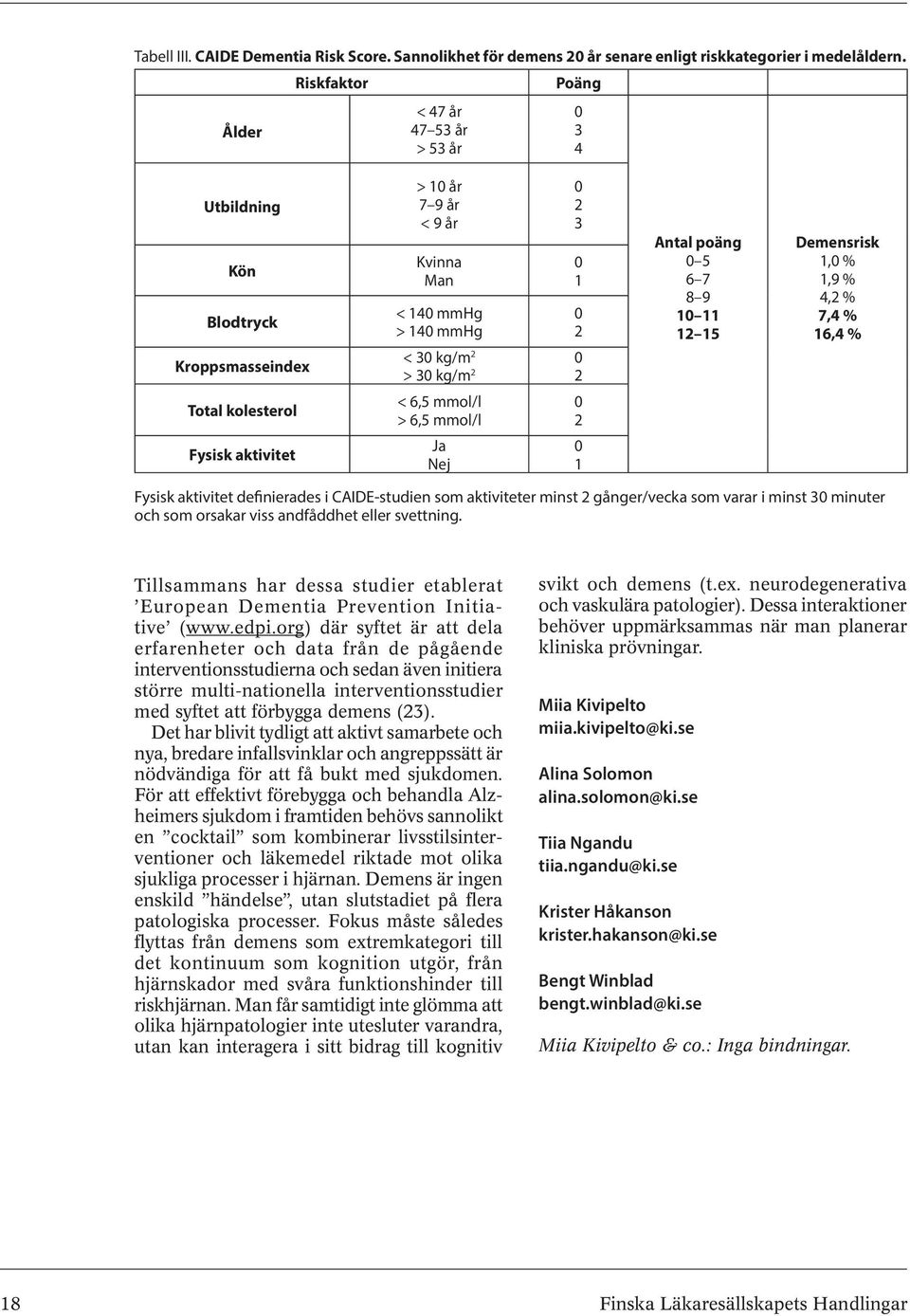 > 3 kg/m 2 2 < 6,5 mmol/l > 6,5 mmol/l Ja Nej 2 1 Antal poäng 5 6 7 8 9 1 11 12 15 Demensrisk 1, % 1,9 % 4,2 % 7,4 % 16,4 % Fysisk aktivitet definierades i CAIDE-studien som aktiviteter minst 2