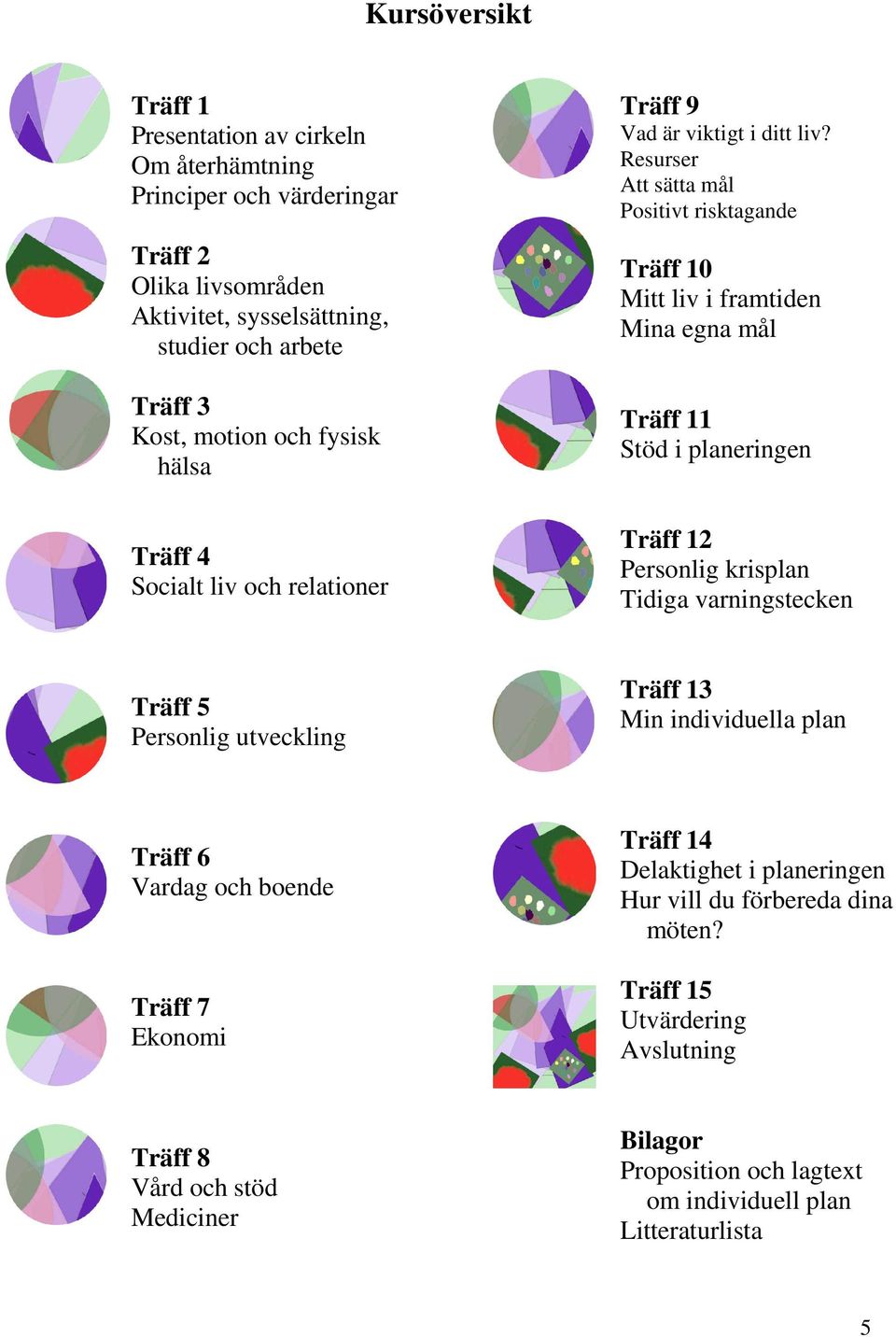 Resurser Att sätta mål Positivt risktagande Träff 10 Mitt liv i framtiden Mina egna mål Träff 11 Stöd i planeringen Träff 12 Personlig krisplan Tidiga varningstecken Träff 5 Personlig