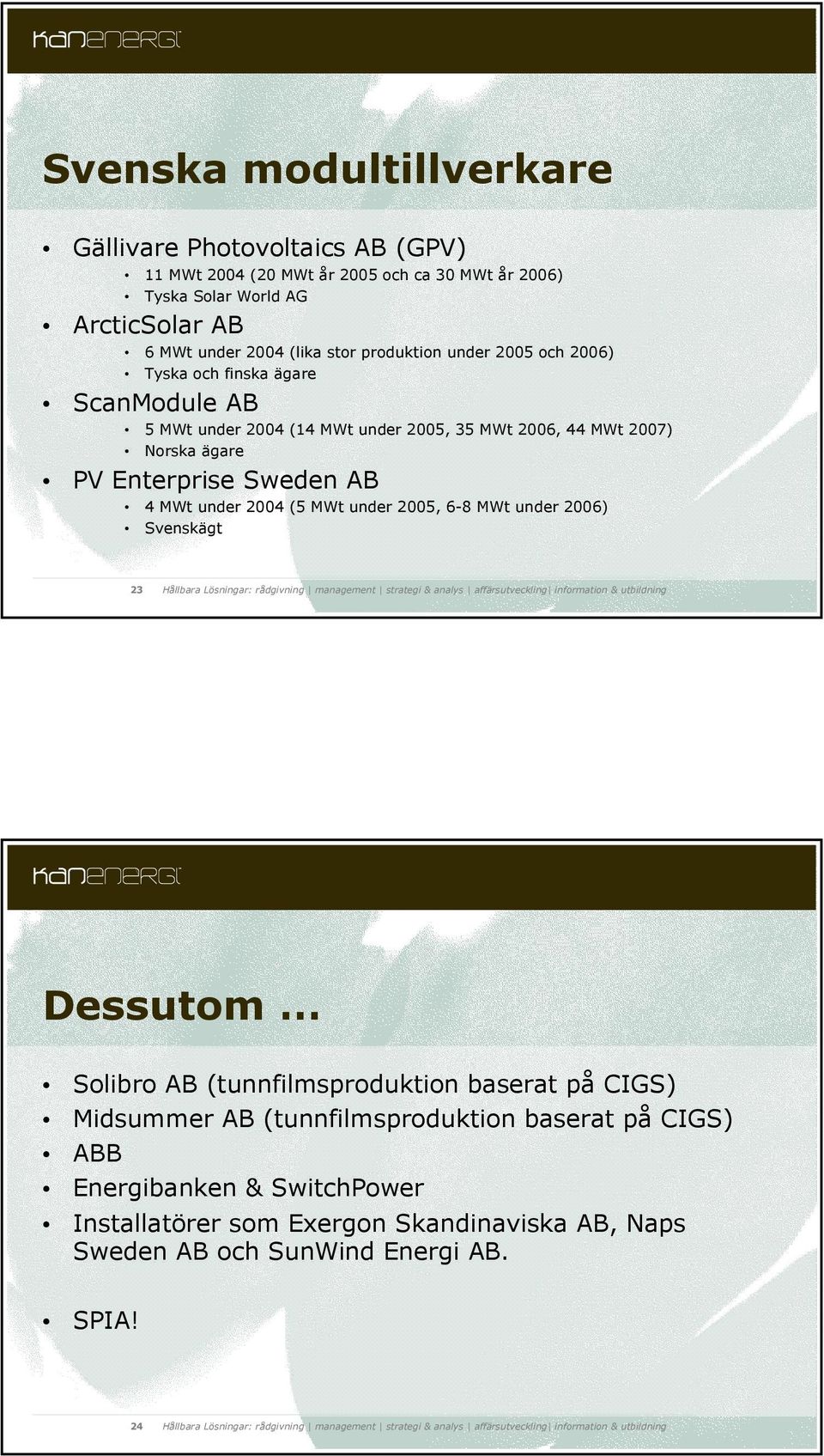 PV Enterprise Sweden AB 4 MWt under 2004 (5 MWt under 2005, 6-8 MWt under 2006) Svenskägt 23 Dessutom Solibro AB (tunnfilmsproduktion baserat på CIGS) Midsummer