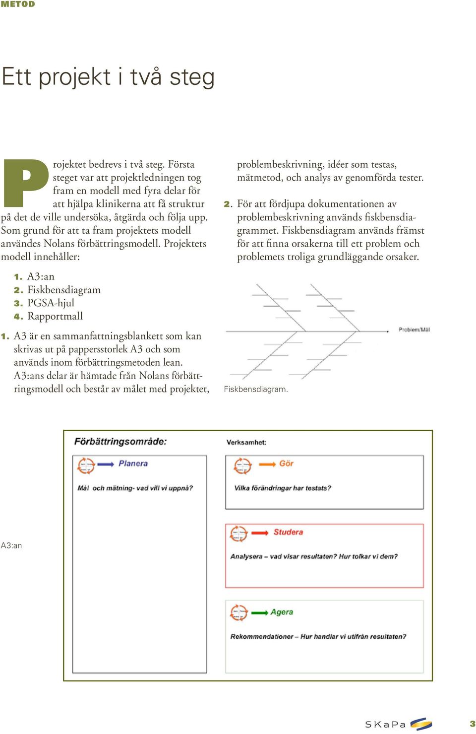 Som grund för att ta fram projektets modell användes Nolans förbättringsmodell. Projektets modell innehåller: 1. A3:an 2. Fiskbensdiagram 3. PGSA-hjul 4. Rapportmall 1.