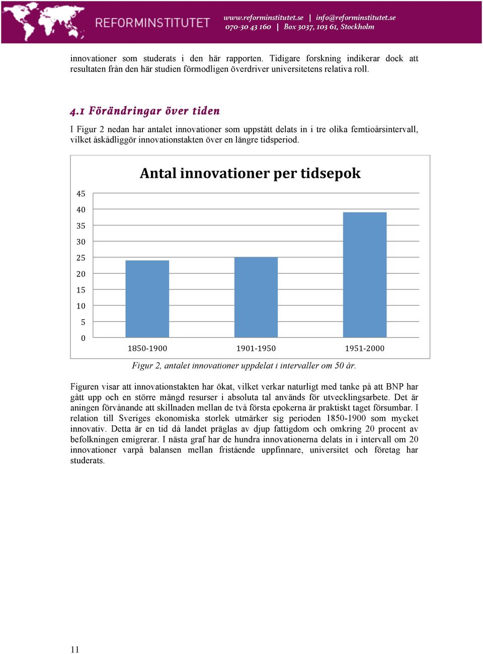 45 40 35 30 25 20 15 10 5 Antal innovationer per tidsepok 0 1850-1900 1901-1950 1951-2000 Figur 2, antalet innovationer uppdelat i intervaller om 50 år.