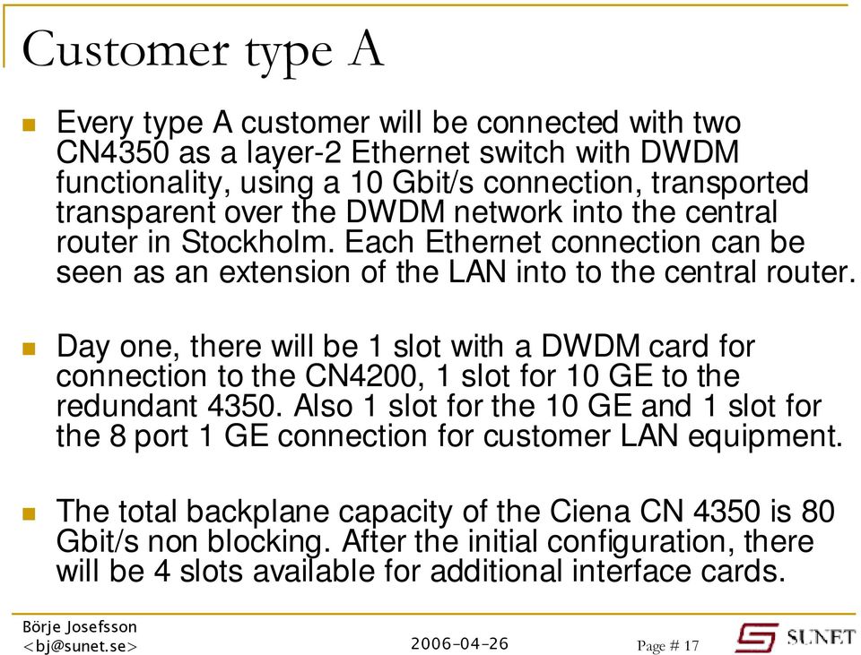 Day one, there will be 1 slot with a DWDM card for connection to the CN4200, 1 slot for 10 GE to the redundant 4350.
