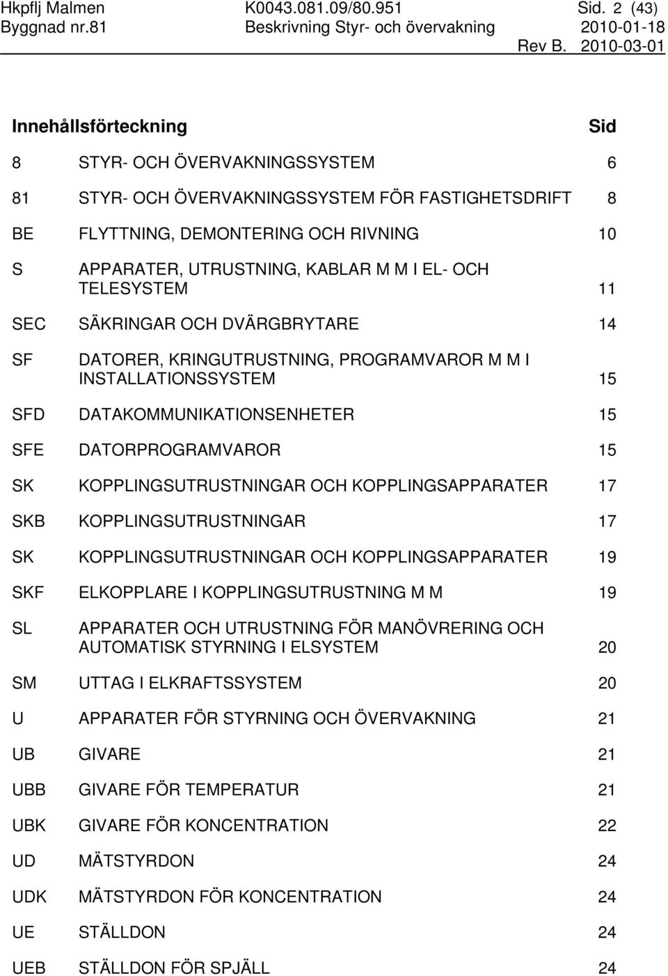 I EL- OCH TELESYSTEM 11 SEC SÄKRINGAR OCH DVÄRGBRYTARE 14 SF DATORER, KRINGUTRUSTNING, PROGRAMVAROR M M I INSTALLATIONSSYSTEM 15 SFD DATAKOMMUNIKATIONSENHETER 15 SFE DATORPROGRAMVAROR 15 SK