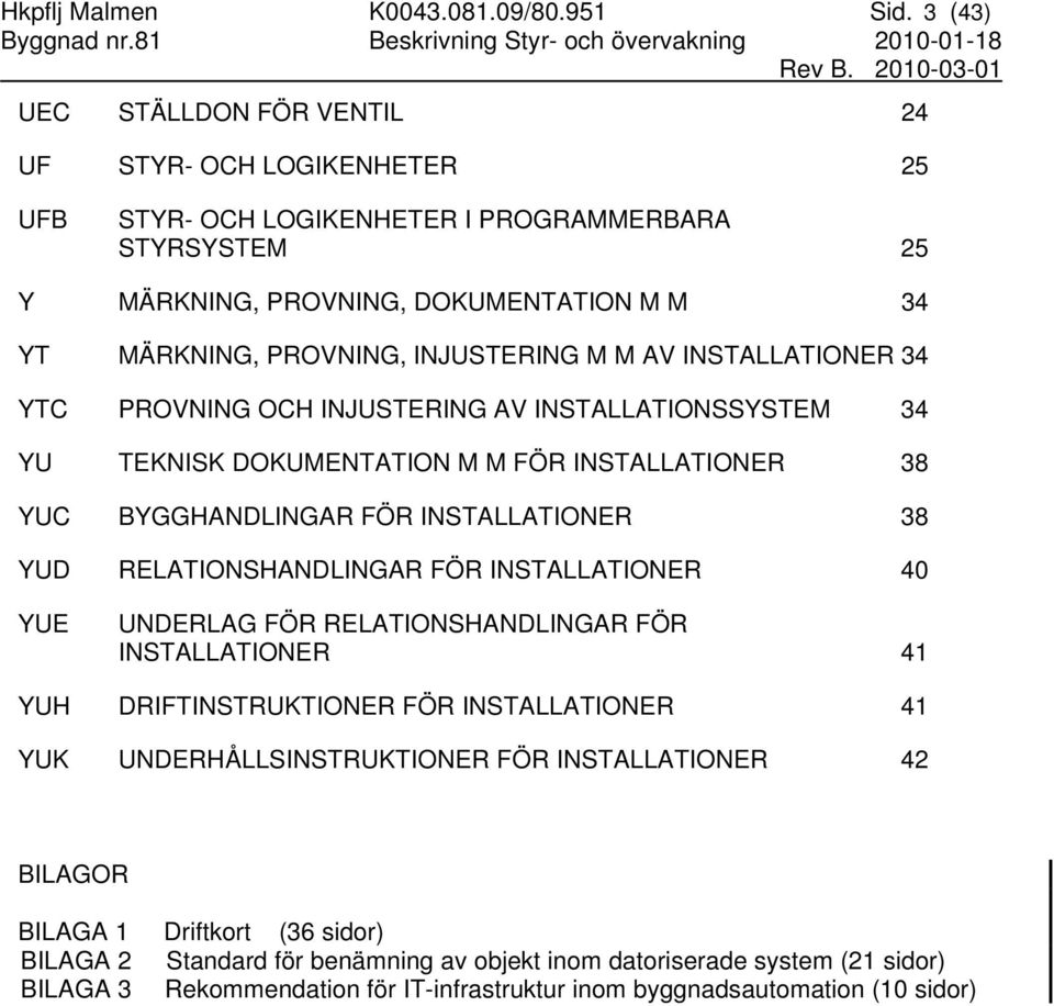 INJUSTERING M M AV INSTALLATIONER 34 YTC PROVNING OCH INJUSTERING AV INSTALLATIONSSYSTEM 34 YU TEKNISK DOKUMENTATION M M FÖR INSTALLATIONER 38 YUC BYGGHANDLINGAR FÖR INSTALLATIONER 38 YUD