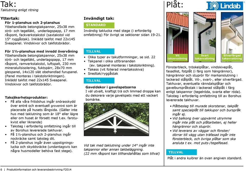 För 1½-planshus med inredd övervåning Ytbehandlade betongtakpannor, 25x38 mm strö- och tegelläkt, underlagspapp, 17 mm råspont, ramverkstakstol, luftspalt, 230 mm mineralullsisolering, fuktspärr,