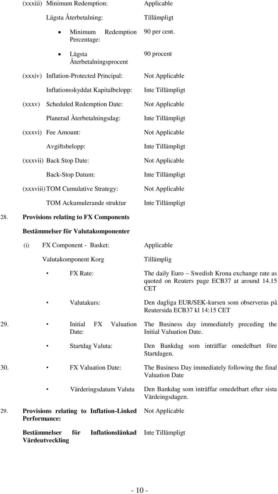 Avgiftsbelopp: (xxxvii) Back Stop Date: Back-Stop Datum: (xxxviii) TOM Cumulative Strategy: TOM Ackumulerande struktur Not Applicable Not Applicable Not Applicable Not Applicable Not Applicable 28.