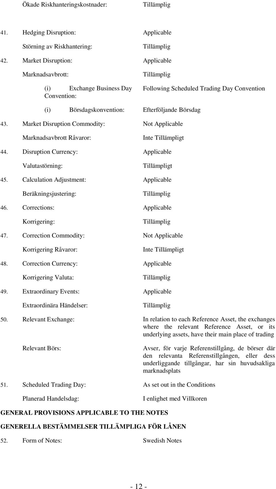 Market Disruption Commodity: Not Applicable Marknadsavbrott Råvaror: 44. Disruption Currency: Applicable Valutastörning: Tillämpligt 45.