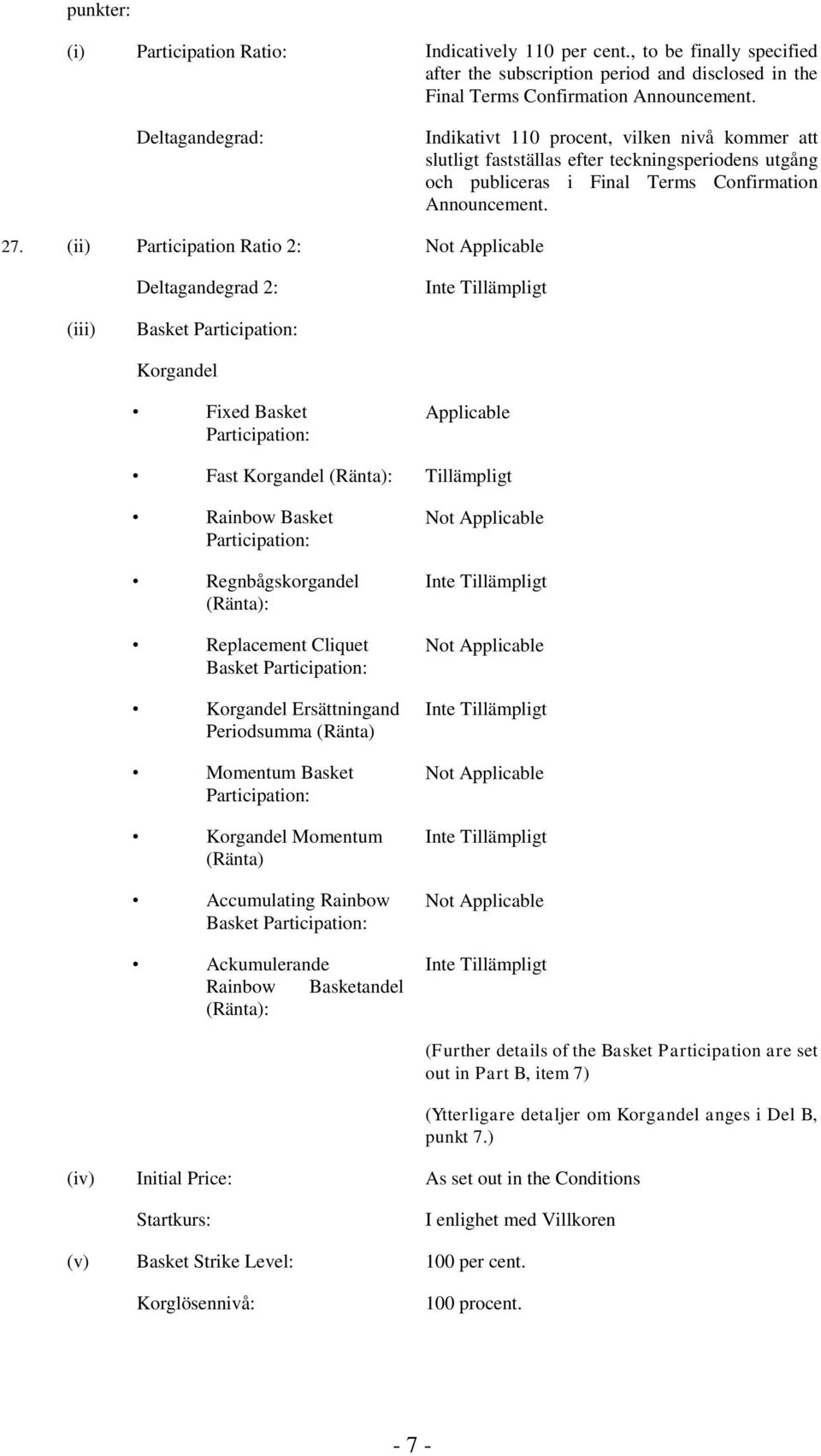 (ii) Participation Ratio 2: Not Applicable Deltagandegrad 2: (iii) Basket Participation: Korgandel Fixed Basket Participation: Applicable Fast Korgandel (Ränta): Tillämpligt Rainbow Basket