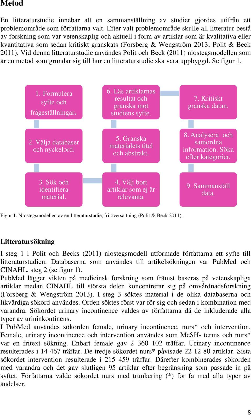 Wengström 2013; Polit & Beck 2011). Vid denna litteraturstudie användes Polit och Beck (2011) niostegsmodellen som är en metod som grundar sig till hur en litteraturstudie ska vara uppbyggd.