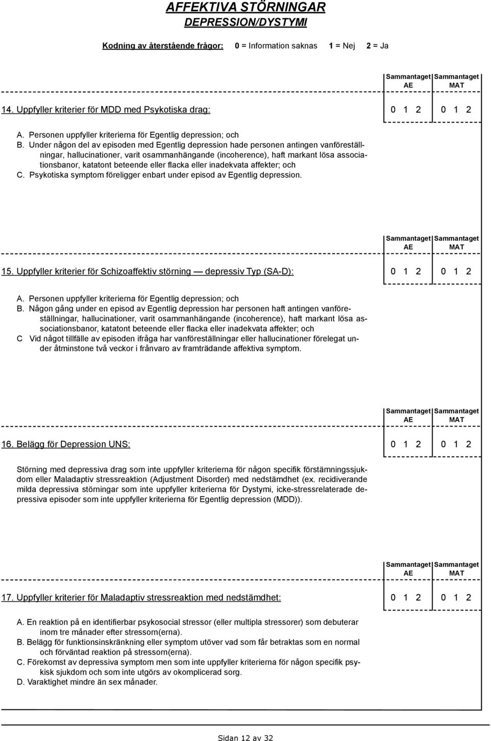 beteende eller flacka eller inadekvata affekter; och C. Psykotiska symptom föreligger enbart under episod av Egentlig depression. 15.