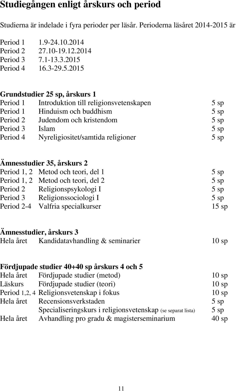 2015 Grundstudier 25 sp, årskurs 1 Period 1 Introduktion till religionsvetenskapen 5 sp Period 1 Hinduism och buddhism 5 sp Period 2 Judendom och kristendom 5 sp Period 3 Islam 5 sp Period 4