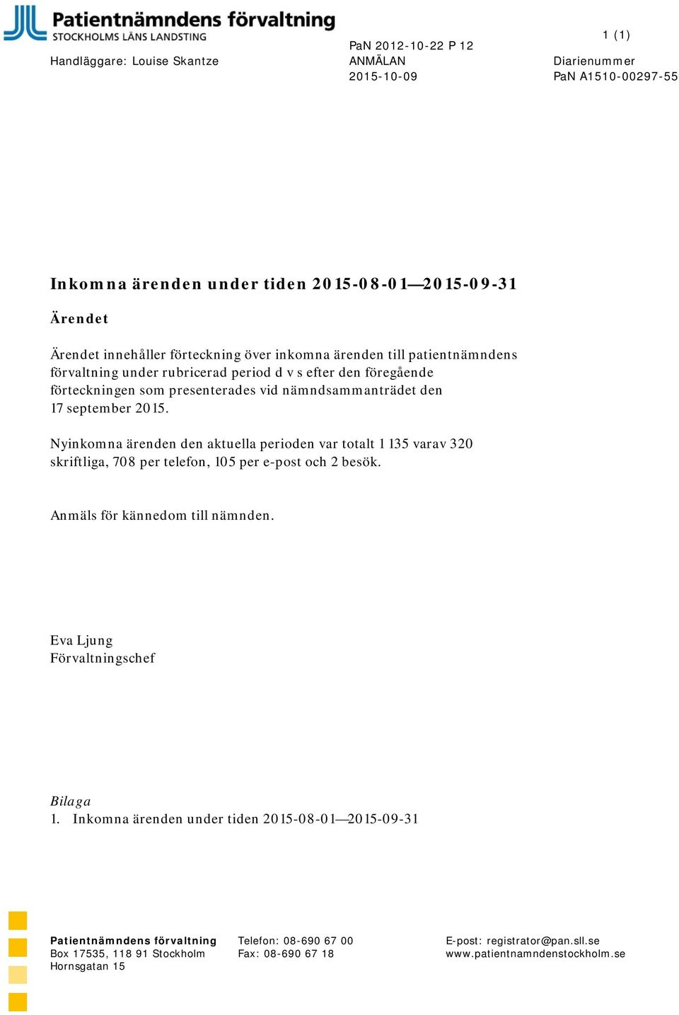 Nyinkomna ärenden den aktuella perioden var totalt 1 135 varav 320 skriftliga, 708 per telefon, 105 per e-post och 2 besök. Anmäls för kännedom till nämnden. Eva Ljung Förvaltningschef Bilaga 1.