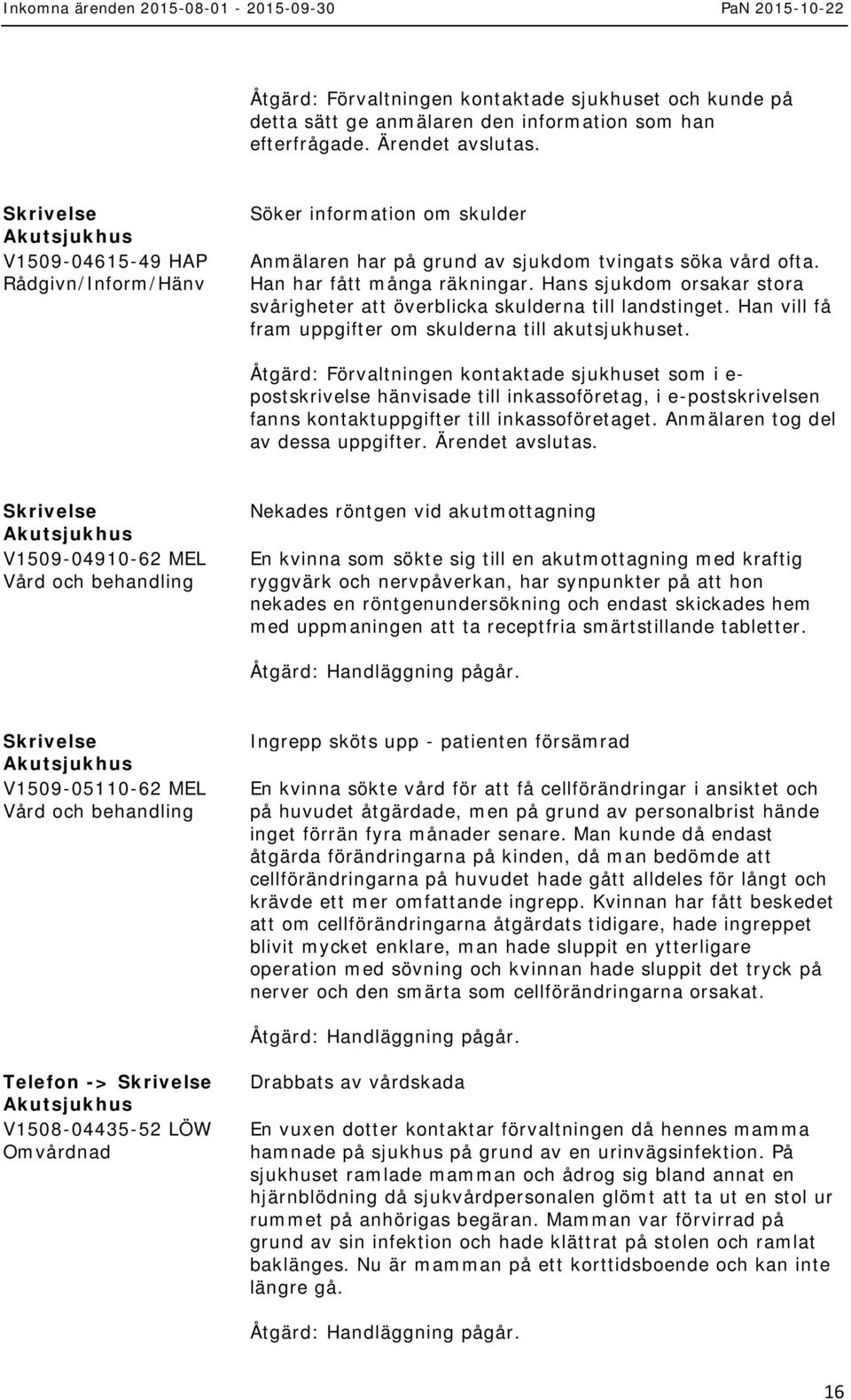 Hans sjukdom orsakar stora svårigheter att överblicka skulderna till landstinget. Han vill få fram uppgifter om skulderna till akutsjukhuset.