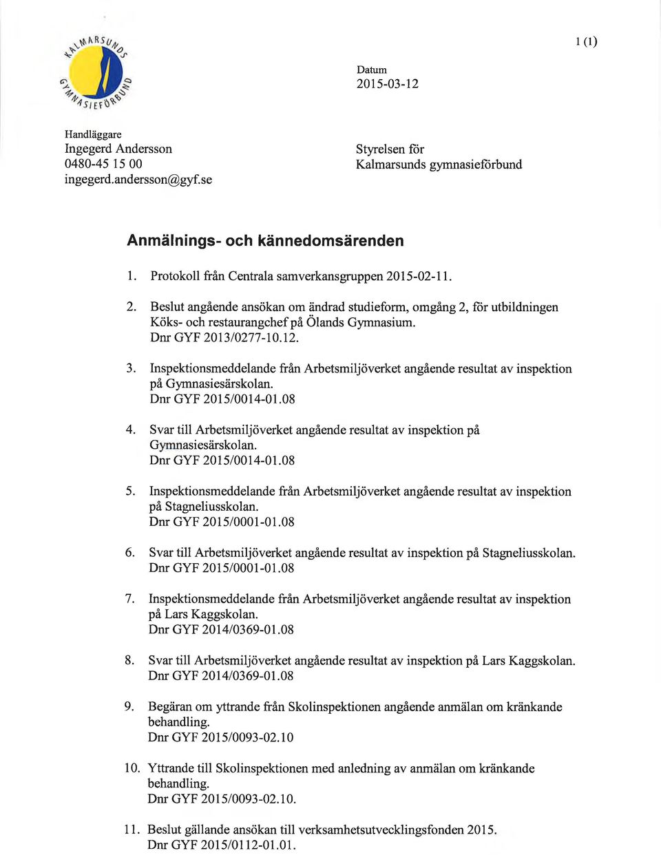 12. 3. Inspektionsmeddelande fran Arbetsmiljöverket angående resultat av inspektion på Gymnasiesärskolan. Dnr GYF 201510014-01.08 4.