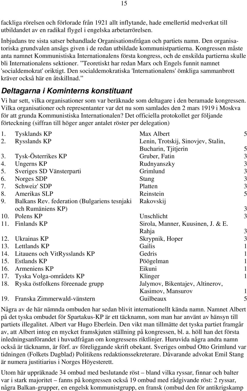 Kongressen måste anta namnet Kommunistiska Internationalens första kongress, och de enskilda partierna skulle bli Internationalens sektioner.