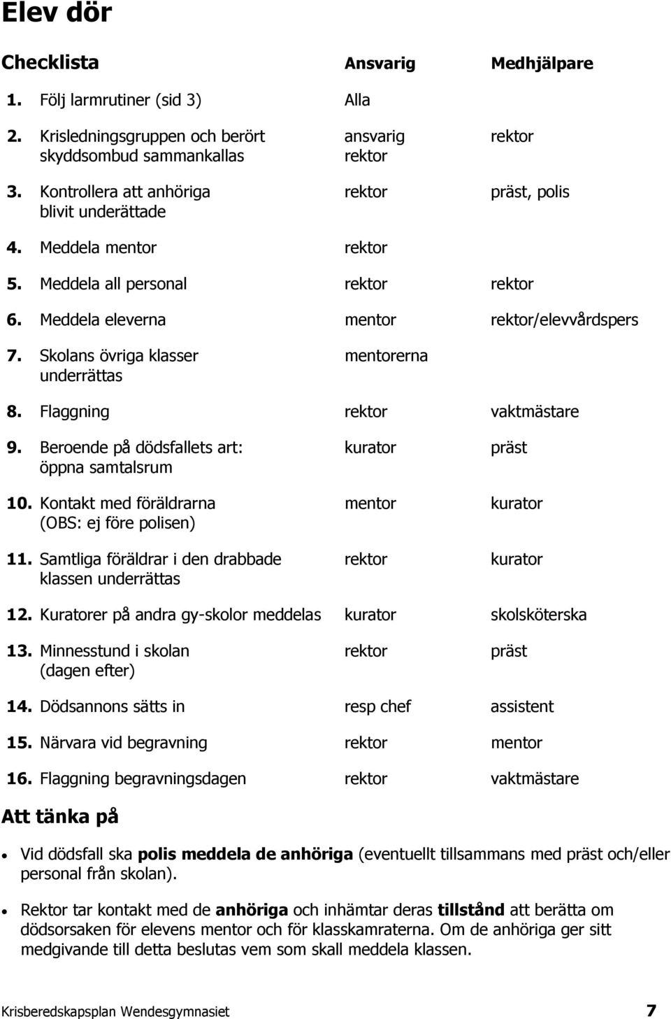 Skolans övriga klasser mentorerna underrättas 8. Flaggning rektor vaktmästare 9. Beroende på dödsfallets art: kurator präst öppna samtalsrum 10.