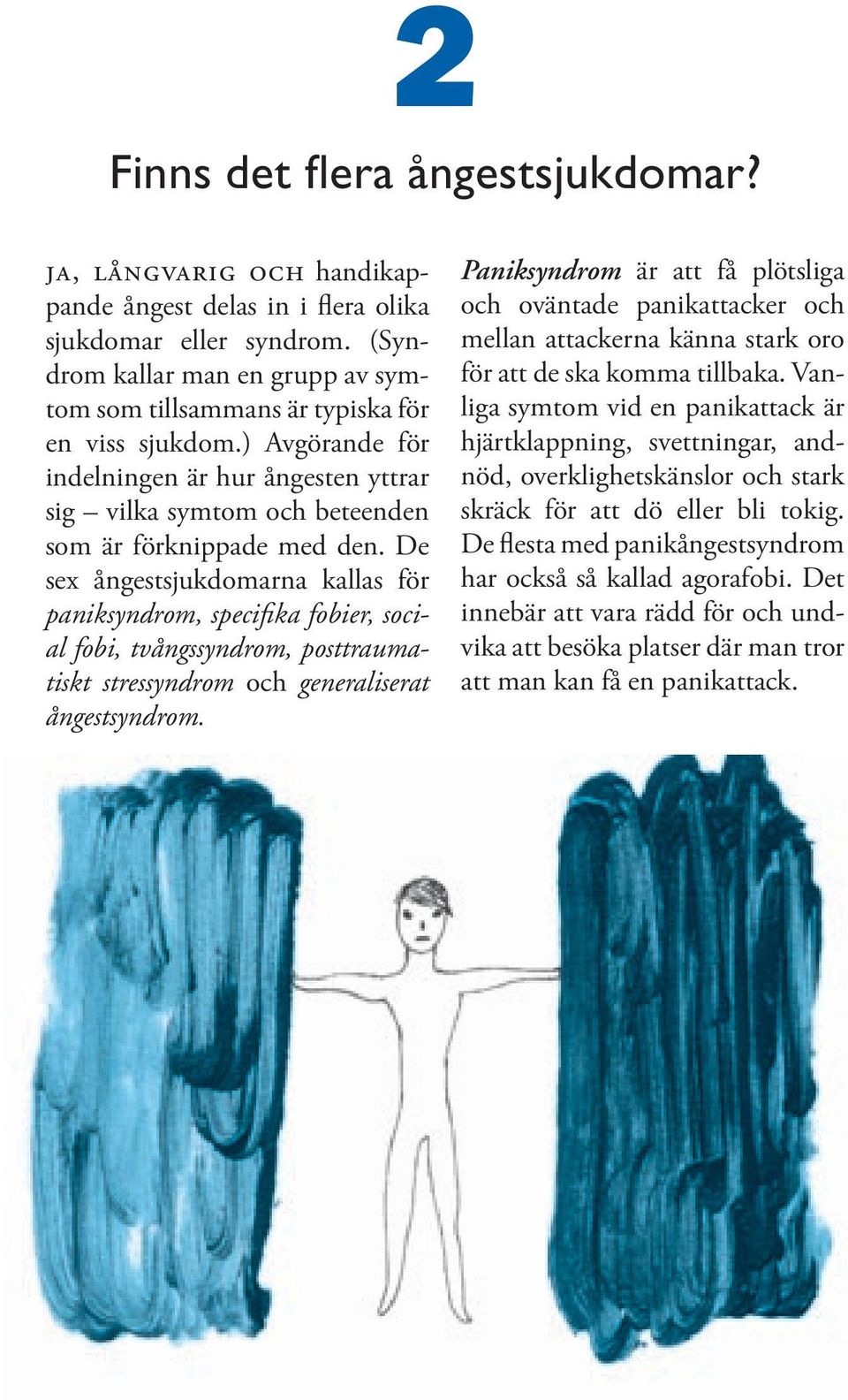 De sex ångestsjukdomarna kallas för paniksyndrom, specifika fobier, social fobi, tvångssyndrom, posttraumatiskt stressyndrom och generaliserat ångestsyndrom.