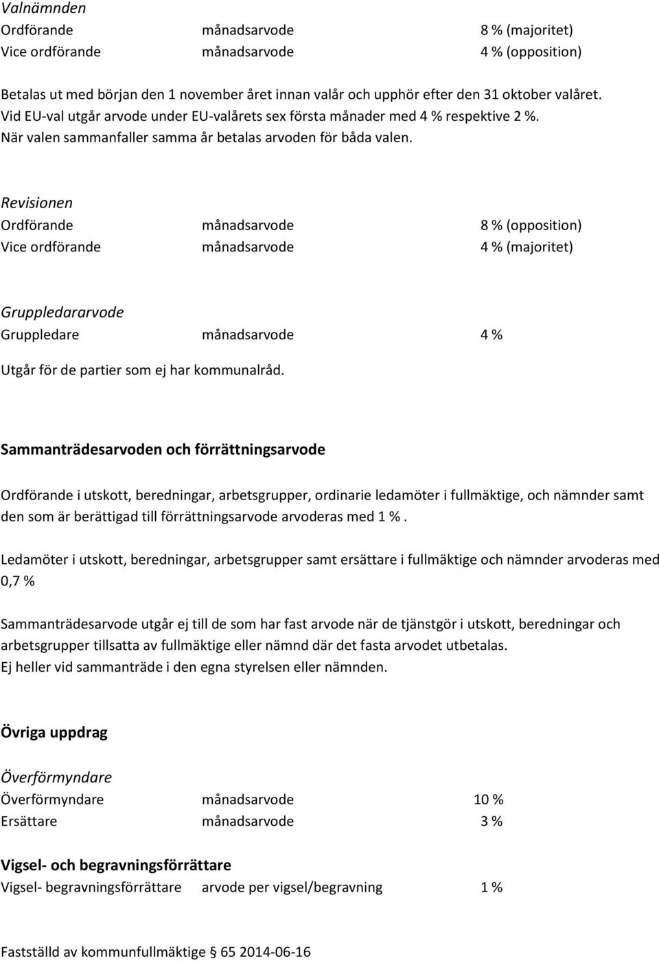 Revisionen Ordförande månadsarvode 8 % (opposition) Vice ordförande månadsarvode 4 % (majoritet) Gruppledararvode Gruppledare månadsarvode 4 % Utgår för de partier som ej har kommunalråd.