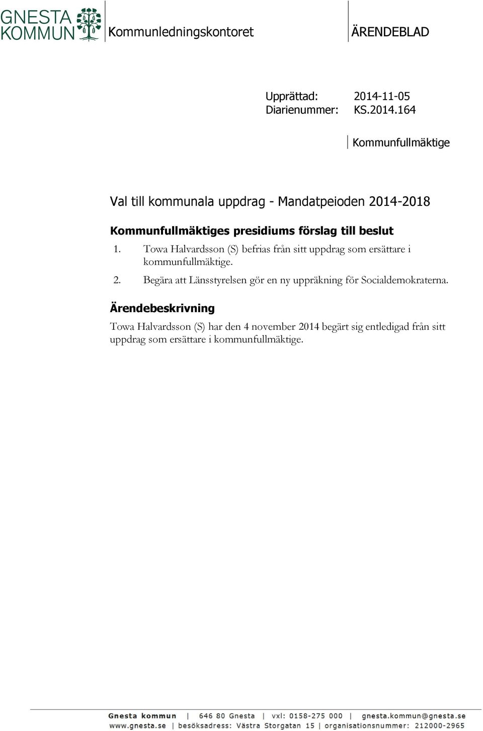 164 Kommunfullmäktige Val till kommunala uppdrag - Mandatpeioden 2014-2018 Kommunfullmäktiges presidiums förslag till beslut