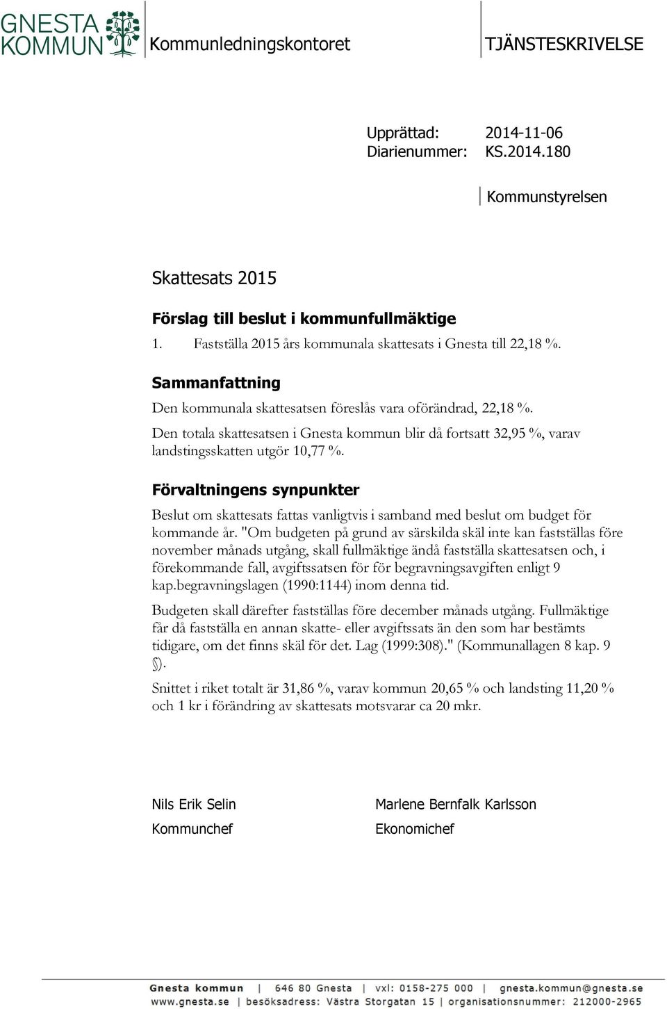 Den totala skattesatsen i Gnesta kommun blir då fortsatt 32,95 %, varav landstingsskatten utgör 10,77 %.