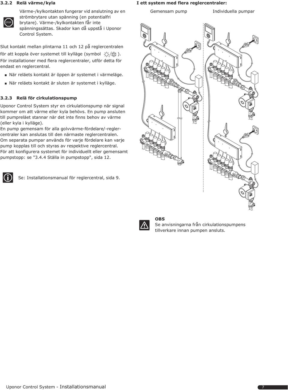 Gemensam pump Individuella pumpar Slut kontakt mellan plintarna och på reglercentralen för att koppla över systemet till kylläge (symbol ).