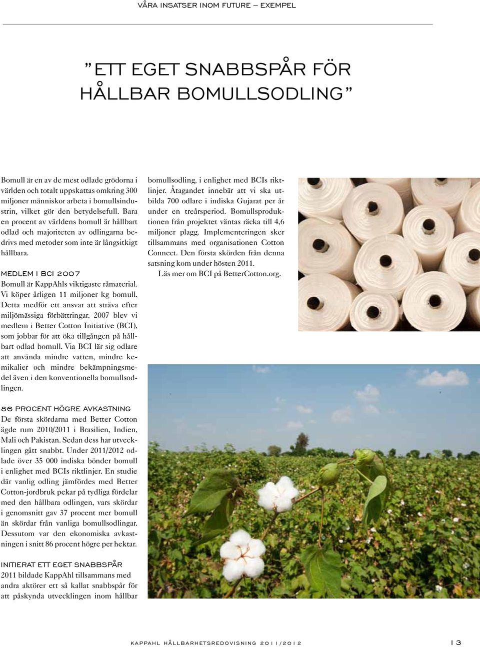 Medlem i BCI 2007 Bomull är KappAhls viktigaste råmaterial. Vi köper årligen 11 miljoner kg bomull. Detta medför ett ansvar att sträva efter miljömässiga förbättringar.