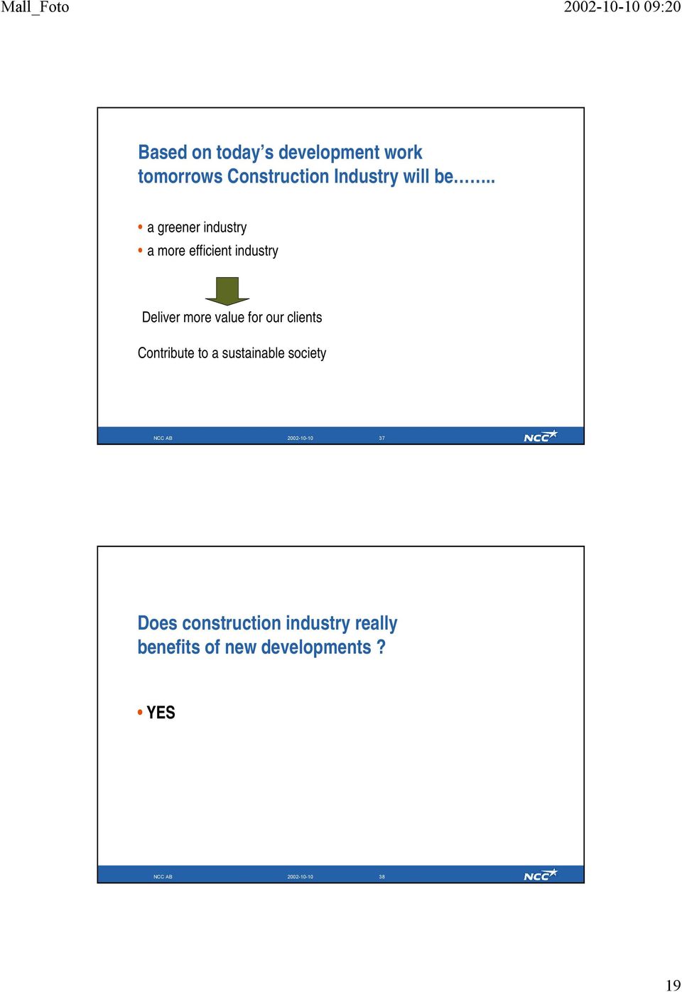 clients Contribute to a sustainable society NCC AB 2002-10-10 37 Does