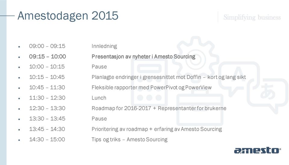 PowerPivot og PowerView 11:30 12:30 Lunch 12:30 13:30 Roadmap for 2016-2017 + Representanter for brukerne 13:30