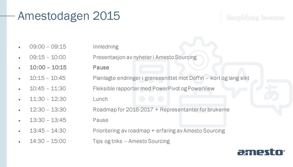 PowerPivot og PowerView 11:30 12:30 Lunch 12:30 13:30 Roadmap for 2016-2017 + Representanter for brukerne 13:30