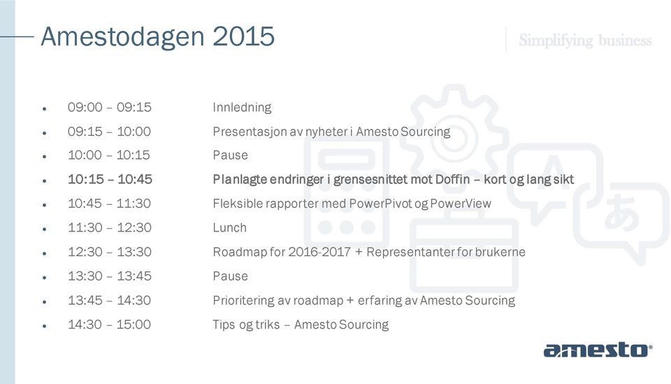 PowerPivot og PowerView 11:30 12:30 Lunch 12:30 13:30 Roadmap for 2016-2017 + Representanter for brukerne 13:30