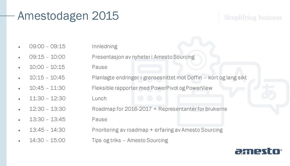 PowerPivot og PowerView 11:30 12:30 Lunch 12:30 13:30 Roadmap for 2016-2017 + Representanter for brukerne 13:30