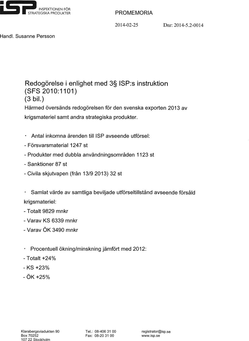 . Antal inkomna ärenden till ISP avseende utförsel: - Försvarsmaterial1247 st - Produkter med dubbla användningsområden 1123 st - Sanktioner 87 st - Civila skjutvapen (från 13/92013) 32 st.