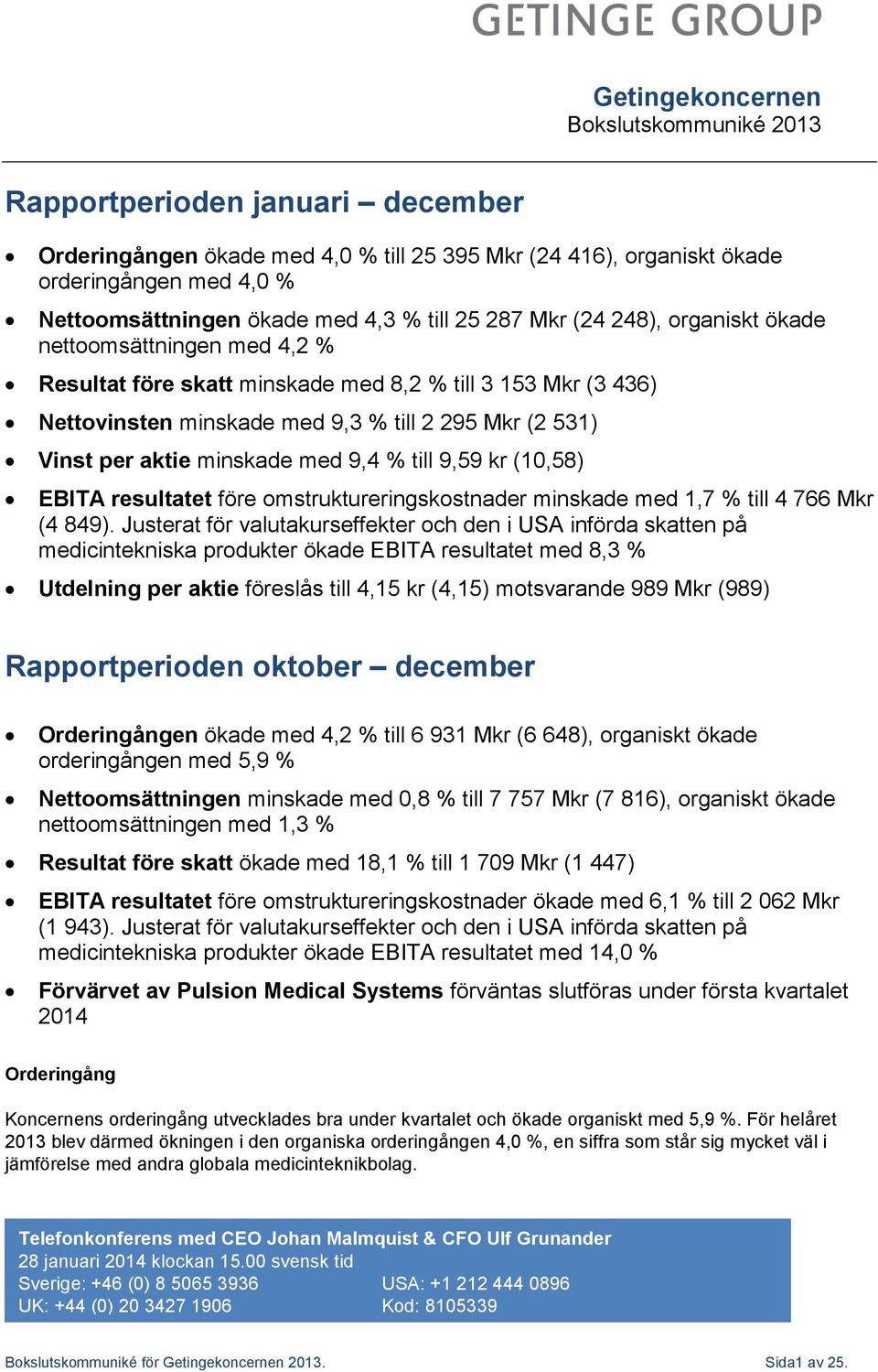 per aktie minskade med 9,4 % till 9,59 kr (10,58) EBITA resultatet före omstruktureringskostnader minskade med 1,7 % till 4 766 Mkr (4 849).