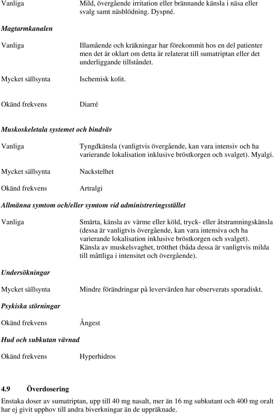 Okänd frekvens Diarré Muskoskeletala systemet och bindväv Okänd frekvens Tyngdkänsla (vanligtvis övergående, kan vara intensiv och ha varierande lokalisation inklusive bröstkorgen och svalget).