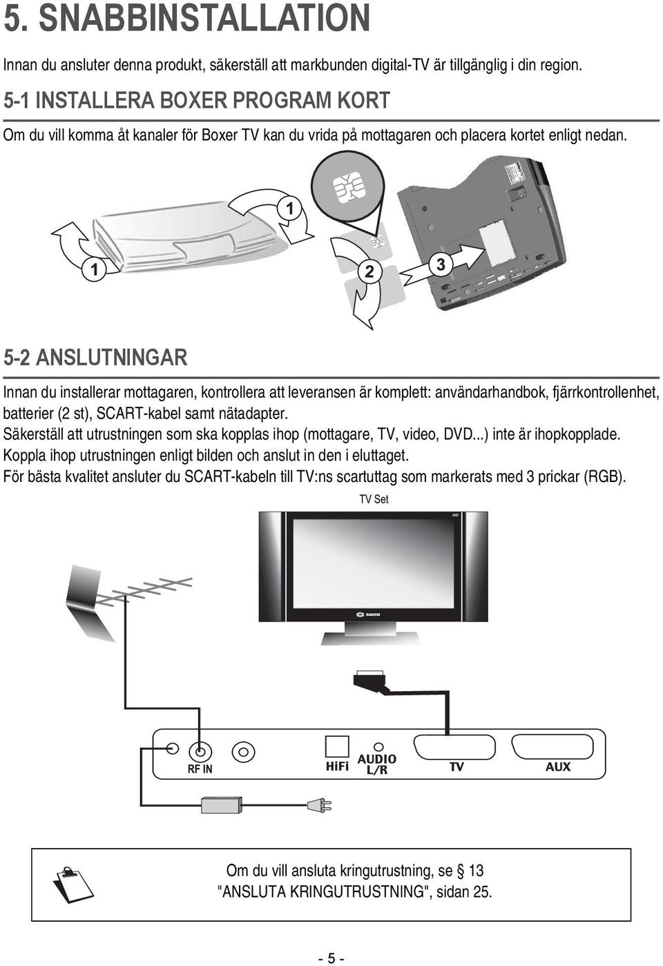 5-2 ANSLUTNINGAR Innan du installerar mottagaren, kontrollera att leveransen är komplett: användarhandbok, fjärrkontrollenhet, batterier (2 st), SCART-kabel samt nätadapter.