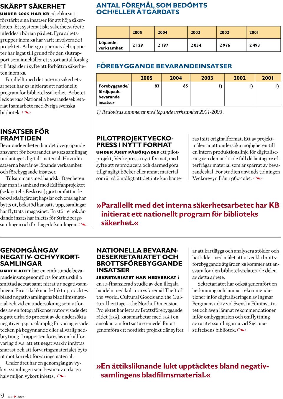 Arbetsgruppernas delrapporter har legat till grund för den slutrapport som innehåller ett stort antal förslag till åtgärder i syfte att förbättra säkerheten inom kb.