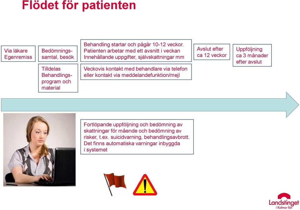 Patienten arbetar med ett avsnitt i veckan Innehållande uppgifter, självskattningar mm Veckovis kontakt med behandlare via telefon eller