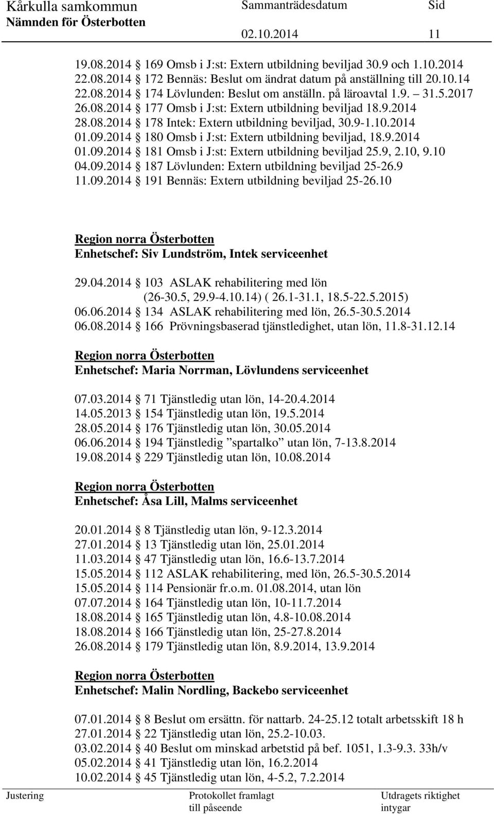 2014 180 Omsb i J:st: Extern utbildning beviljad, 18.9.2014 01.09.2014 181 Omsb i J:st: Extern utbildning beviljad 25.9, 2.10, 9.10 04.09.2014 187 Lövlunden: Extern utbildning beviljad 25-26.9 11.09.2014 191 Bennäs: Extern utbildning beviljad 25-26.