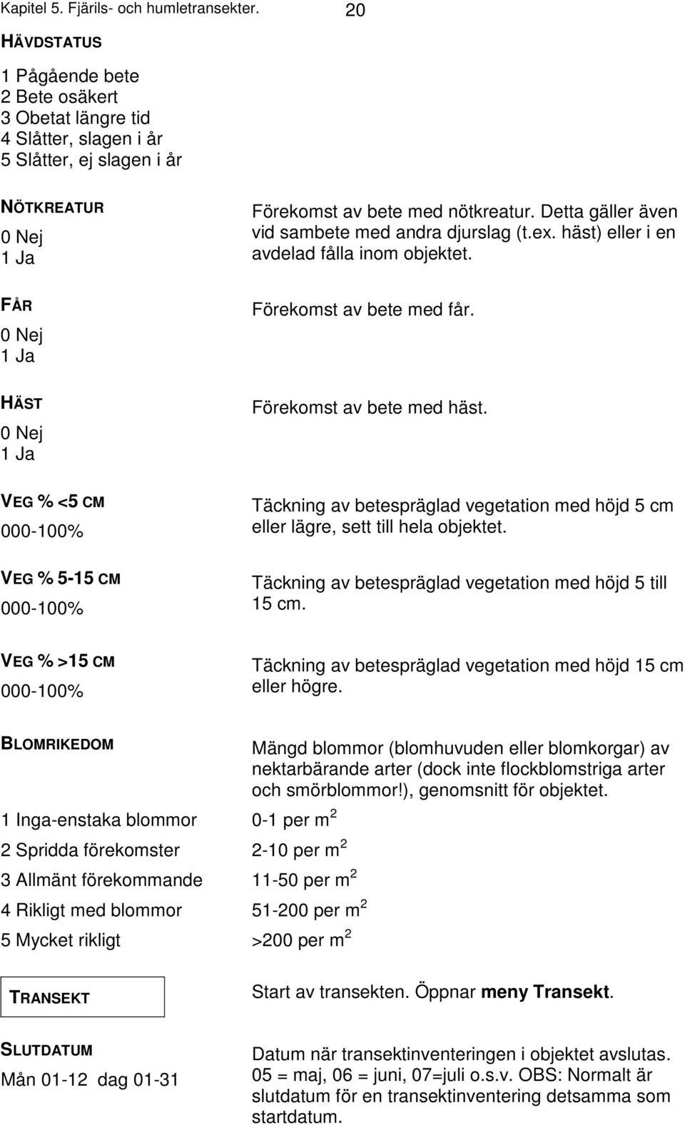 Detta gäller även vid sambete med andra djurslag (t.ex. häst) eller i en avdelad fålla inom objektet. FÅR 0 Nej 1 Ja Förekomst av bete med får. HÄST 0 Nej 1 Ja Förekomst av bete med häst.