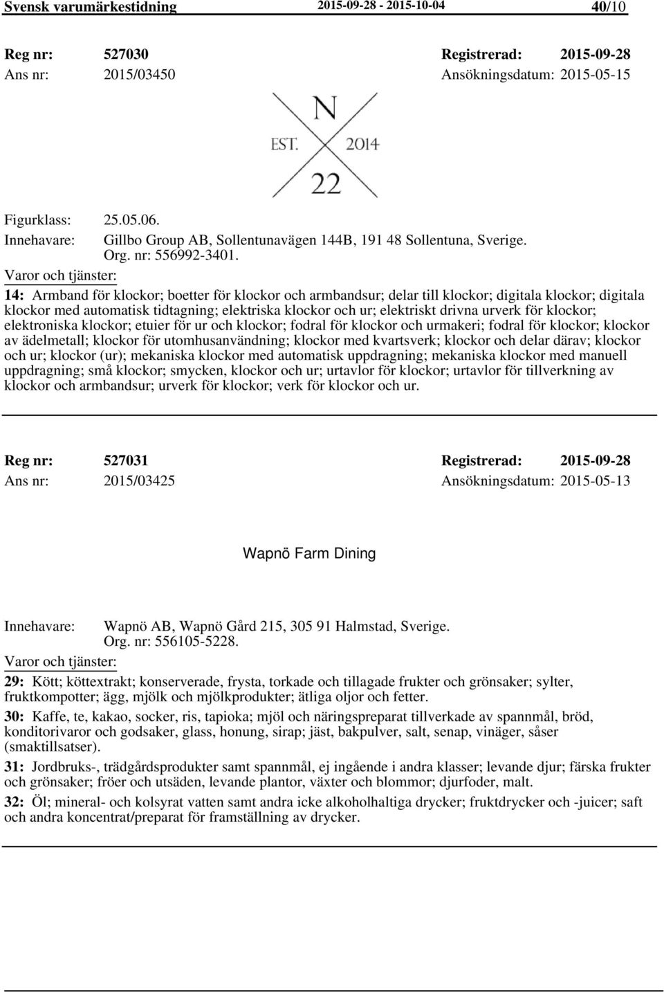 14: Armband för klockor; boetter för klockor och armbandsur; delar till klockor; digitala klockor; digitala klockor med automatisk tidtagning; elektriska klockor och ur; elektriskt drivna urverk för