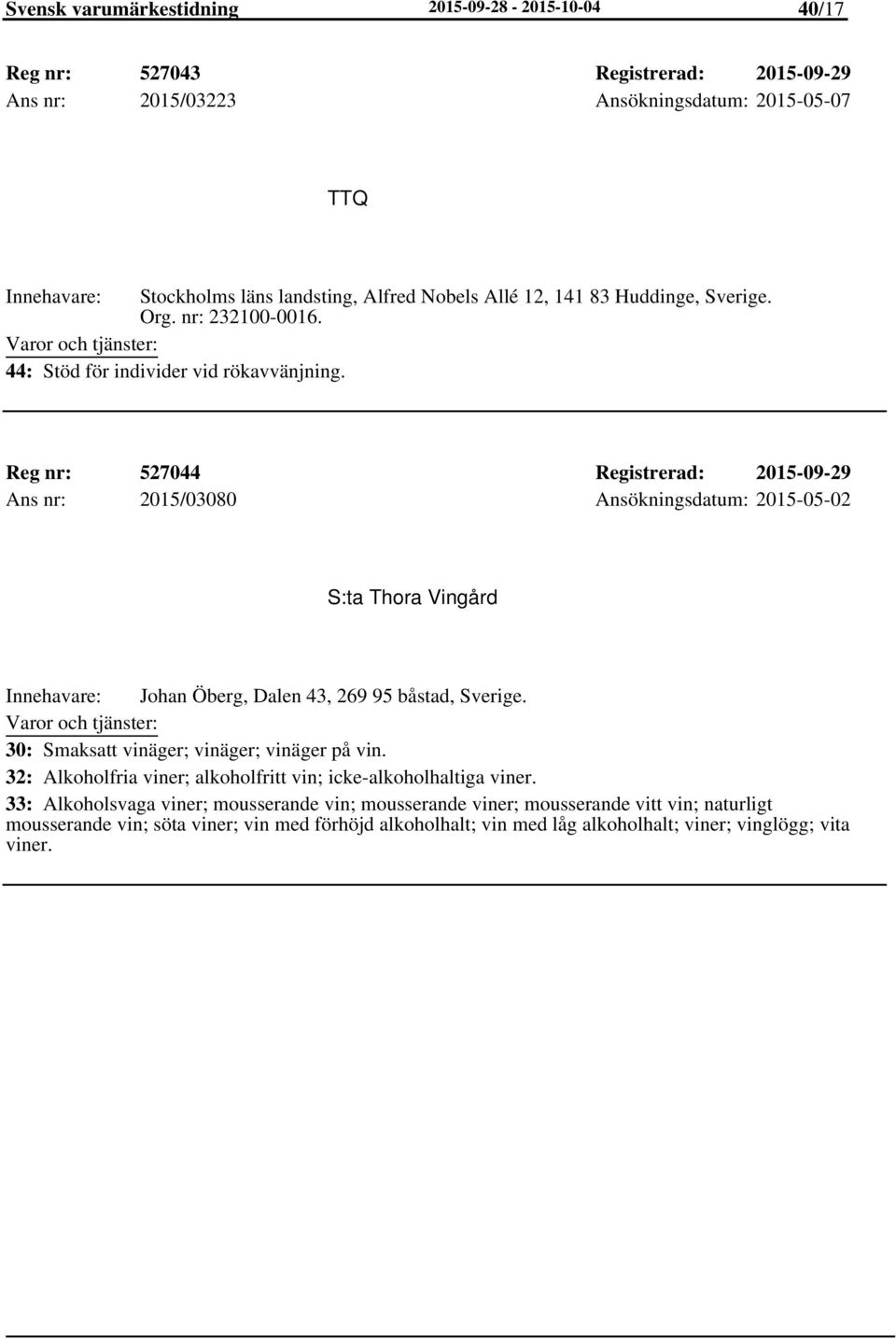 Reg nr: 527044 Registrerad: 2015-09-29 Ans nr: 2015/03080 Ansökningsdatum: 2015-05-02 S:ta Thora Vingård Johan Öberg, Dalen 43, 269 95 båstad, Sverige.