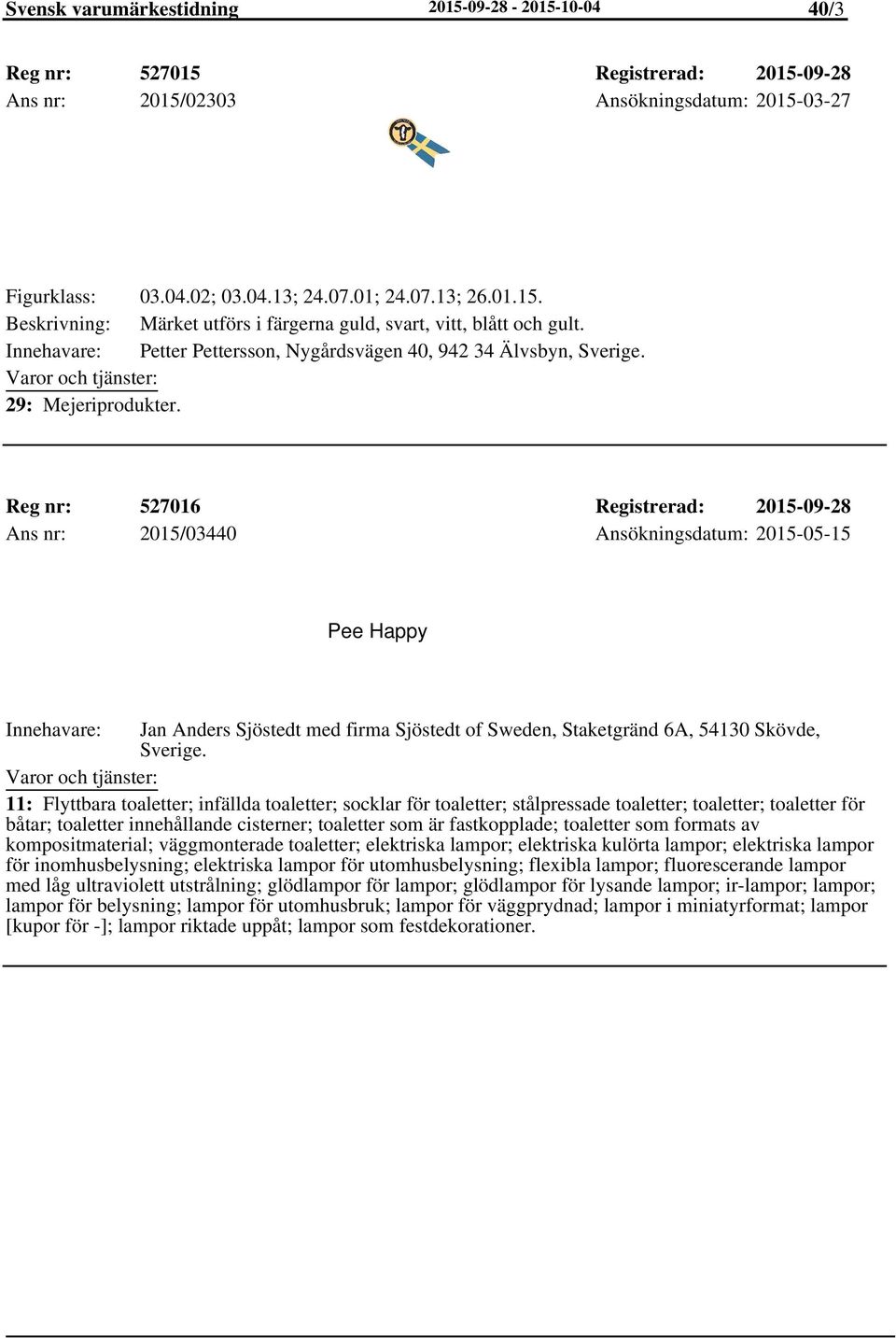 Reg nr: 527016 Registrerad: 2015-09-28 Ans nr: 2015/03440 Ansökningsdatum: 2015-05-15 Pee Happy Jan Anders Sjöstedt med firma Sjöstedt of Sweden, Staketgränd 6A, 54130 Skövde, Sverige.