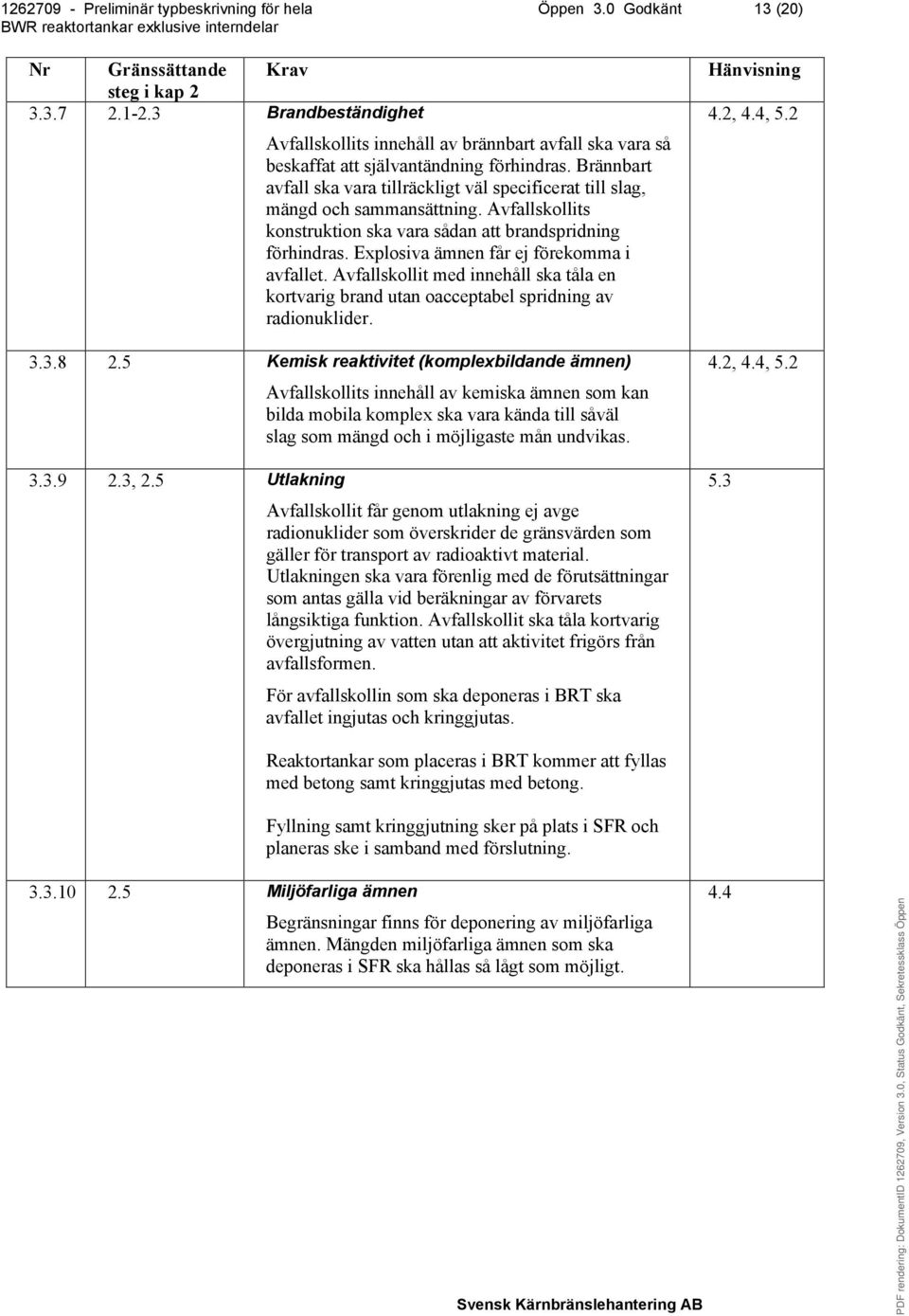 Explosiva ämnen får ej förekomma i avfallet. Avfallskollit med innehåll ska tåla en kortvarig brand utan oacceptabel spridning av radionuklider. 3.3.8 2.5 Kemisk reaktivitet (komplexbildande ämnen) 3.